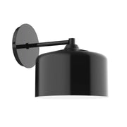 Black wall sconce with cylindrical shade and circular backplate, 8.5 in