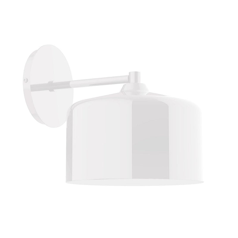 White wall sconce with cylindrical shade and extending horizontal arm