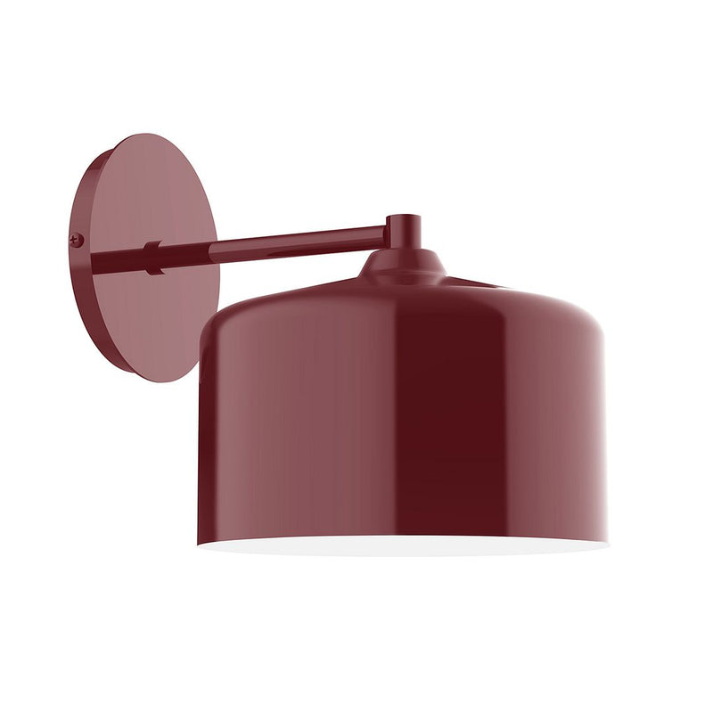 Barn red LED wall sconce with round backplate and cylindrical shade