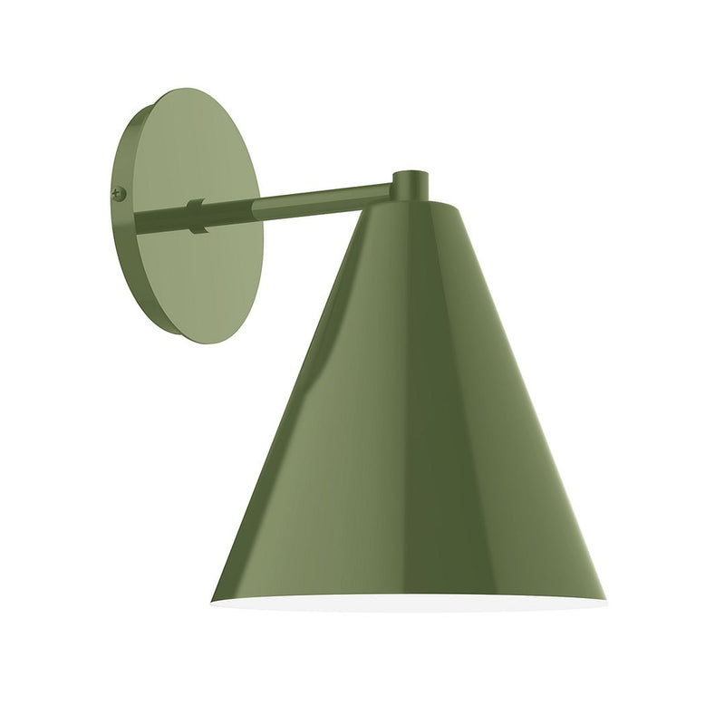 Fern green wall sconce with round backplate and cone shade on projecting arm