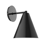 Black wall sconce with conical shade and round backplate