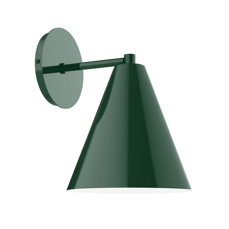 Forest green LED wall sconce with round backplate and flared cone shade
