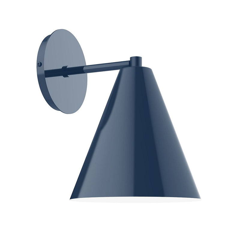 Navy LED wall sconce with round backplate and cone-shaped shade