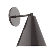 LED wall sconce with round backplate and architectural bronze conical shade, 8 in