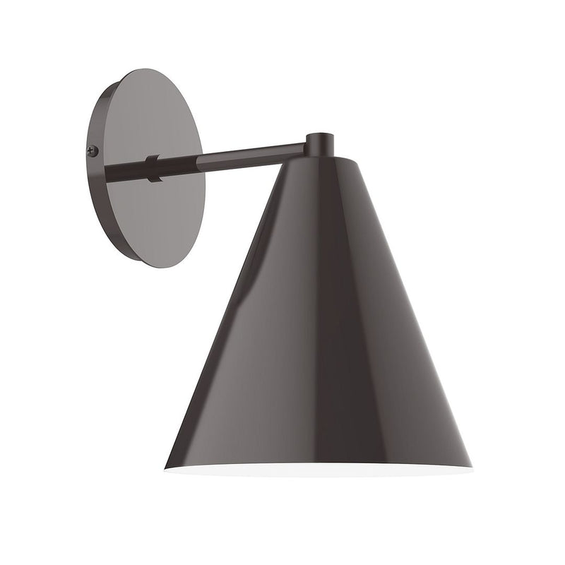 LED wall sconce with round backplate and architectural bronze conical shade, 8 in