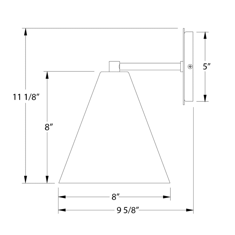 Forest green LED wall sconce line drawing with 8" shade and 5" wall projection