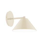 Cream LED wall sconce with round backplate and cone-shaped shade