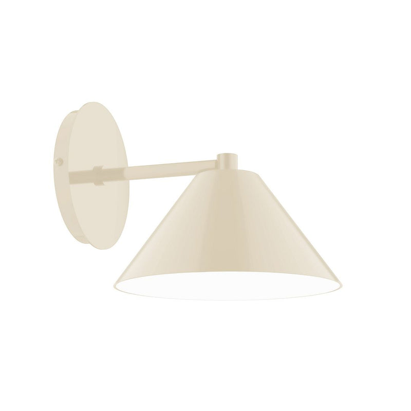 Cream LED wall sconce with round backplate and cone-shaped shade