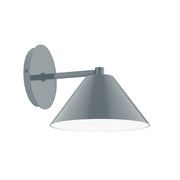 Slate gray LED wall sconce with round backplate and dome shade on metal arm