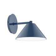 Navy LED wall sconce with round backplate and bell-shaped shade on a horizontal arm