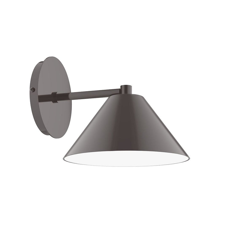 Architectural bronze LED wall sconce, round backplate and conical shade.