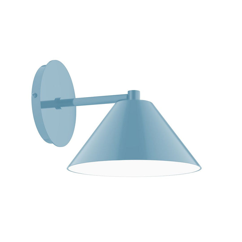 Light blue LED wall sconce with dome shade and angled metal arm
