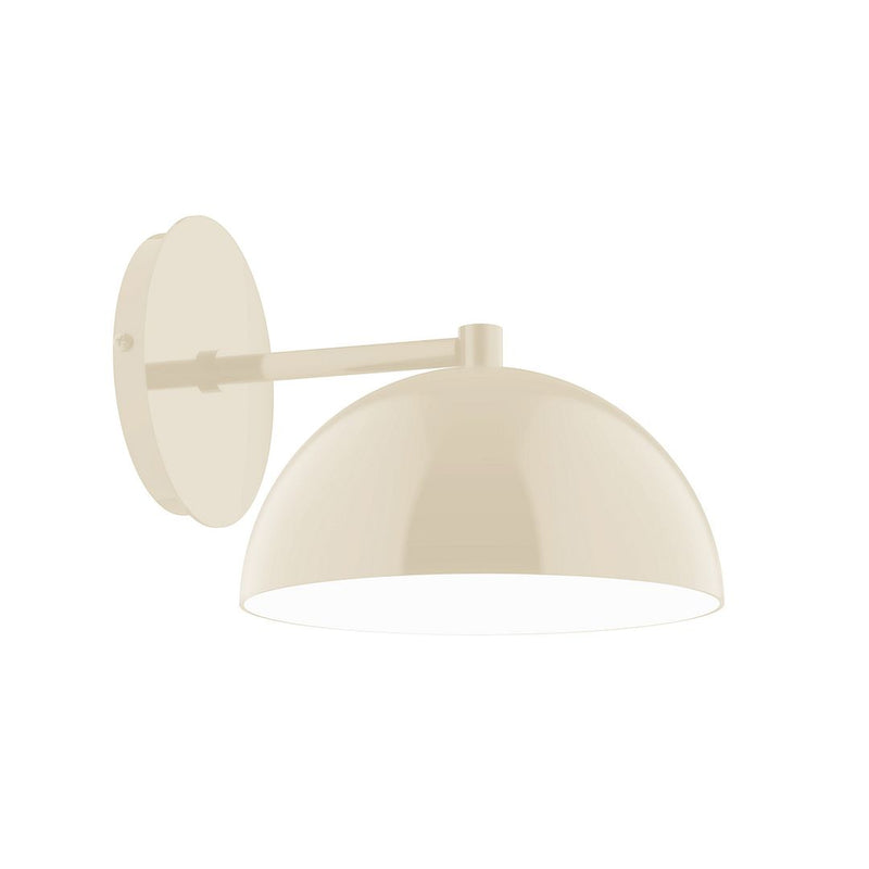 Cream dome wall sconce with curved arm and round shade, 8-inch size.
