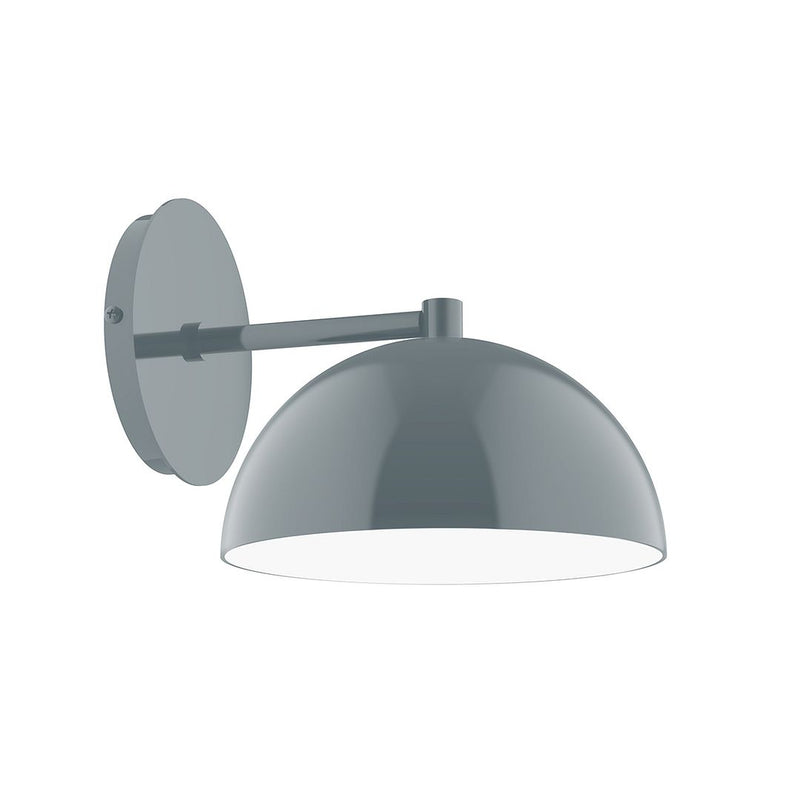 Slate gray LED wall sconce with round backplate and dome shade, angled arm