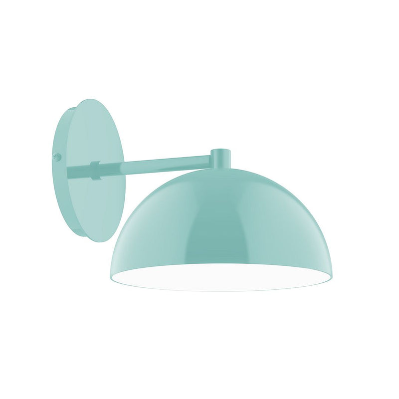 Sea green wall sconce with dome shade and round backplate.