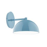 Light blue LED wall sconce with round dome shade and short wall arm