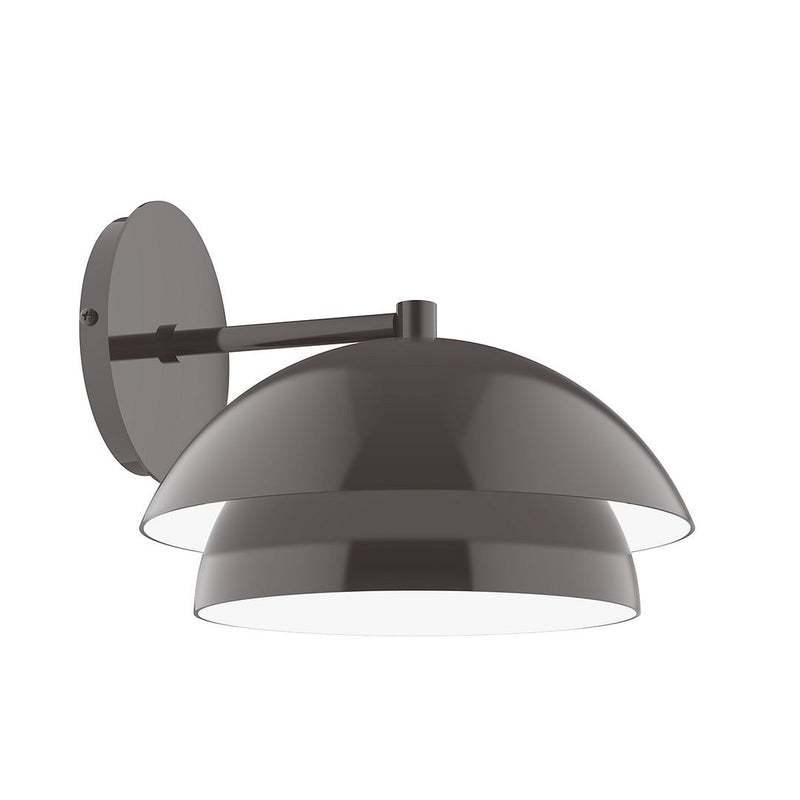 Architectural bronze LED wall sconce with curved double shade and round mounting plate