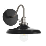 Black 10-inch wall sconce with brushed nickel arm and round black backplate