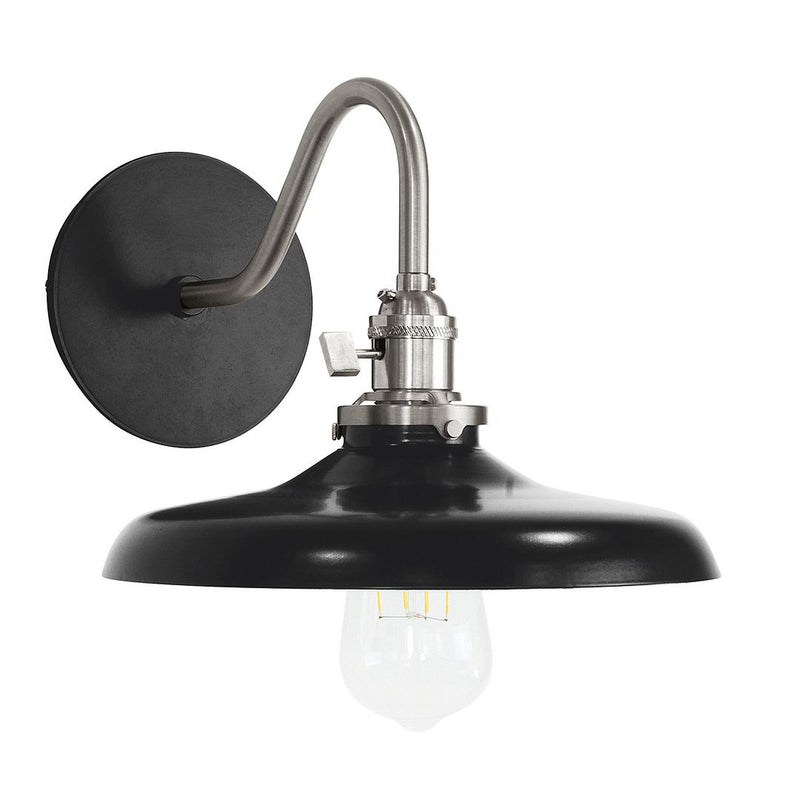 Black 10-inch wall sconce with brushed nickel arm and round black backplate
