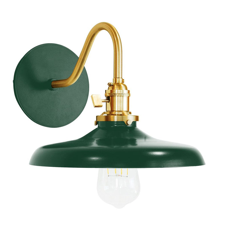 Forest green wall sconce with brushed brass gooseneck, glass bulb, round backplate
