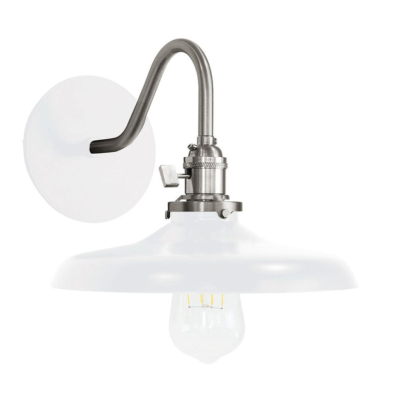 Wall sconce with white backplate, brushed nickel arm, and frosted glass shade