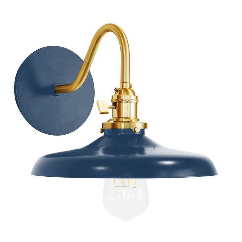Navy wall sconce with brushed brass gooseneck and dome shade, clear bulb