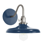 Navy wall sconce with brushed nickel arm and clear glass bulb, 10-inch shade