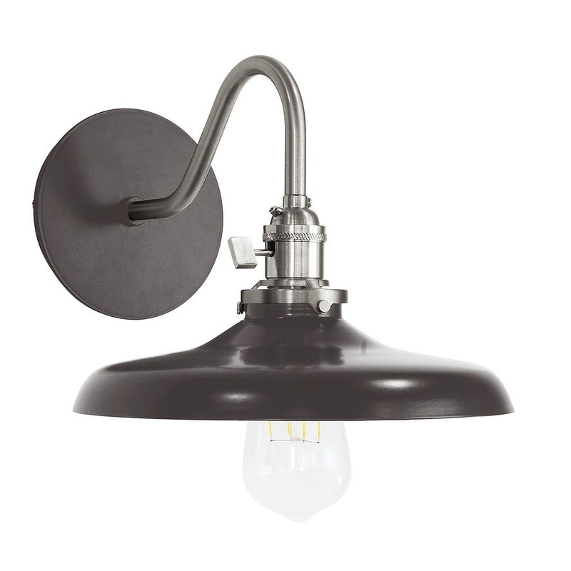 Wall sconce with dark bronze dome shade, brushed nickel stem, frosted bulb and mounting backplate