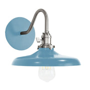 Light blue metal wall sconce with brushed nickel gooseneck and round back plate