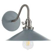 Slate gray wall sconce with brushed nickel base, curved arm, and dome shade