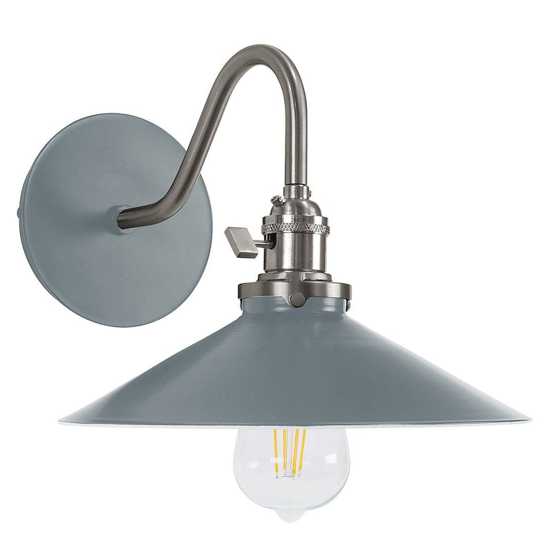 Slate gray wall sconce with brushed nickel base, curved arm, and dome shade