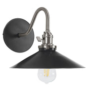 Black 10 in wall sconce with brushed nickel mount and dome shade, clear glass bulb