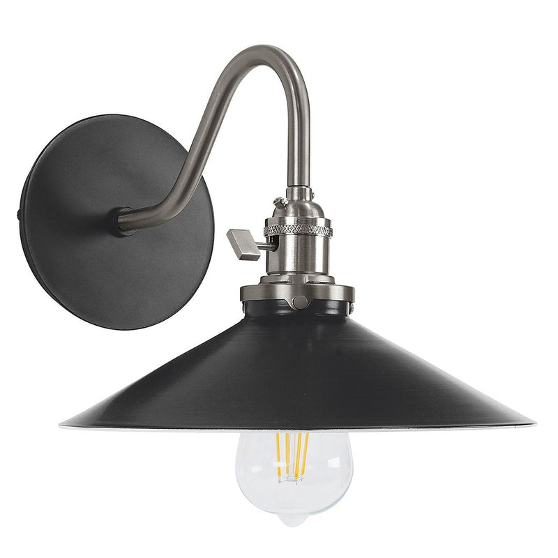 Black 10 in wall sconce with brushed nickel mount and dome shade, clear glass bulb