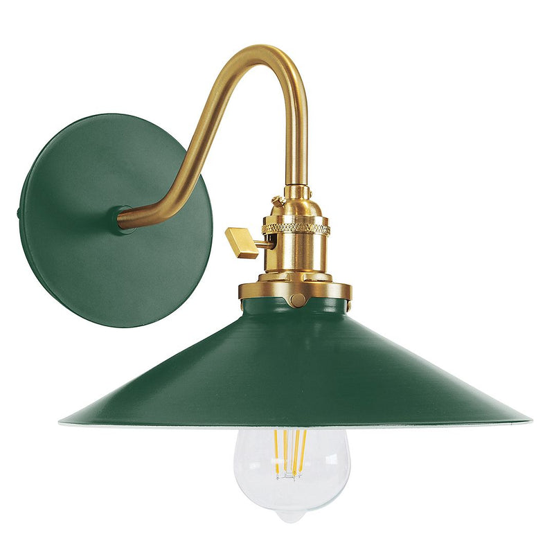 Forest green wall sconce with brushed brass curved arm, dome shade, clear bulb