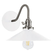 White wall sconce with brushed nickel base, curved arm, dome shades, clear bulb.