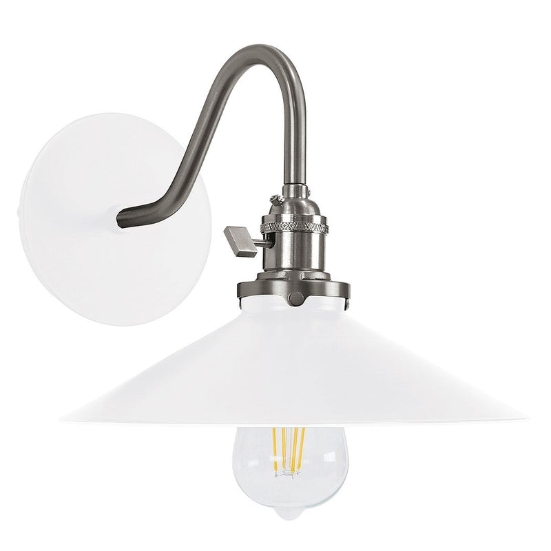 White wall sconce with brushed nickel base, curved arm, dome shades, clear bulb.