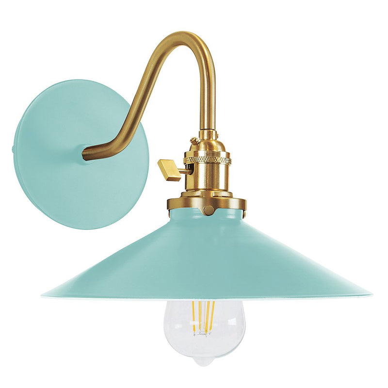 Sea green dome wall sconce with brushed brass gooseneck and clear glass bulb