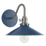 Navy wall sconce with brushed nickel gooseneck arm and bell shade, glass bulb holder