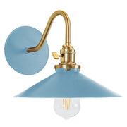 Light blue conical wall sconce with brushed brass arm, socket, and exposed bulb
