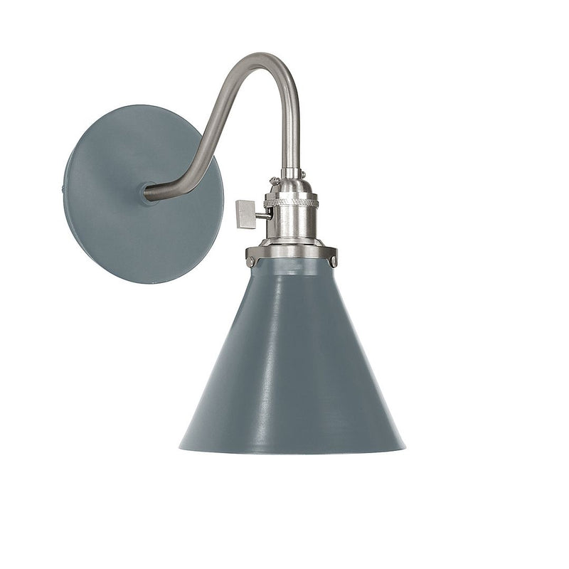 Slate gray wall sconce with brushed nickel gooseneck arm and dome shade