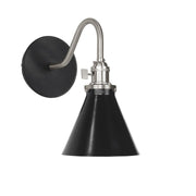 Black wall sconce with brushed nickel trim and dome shade, curved metal arm.