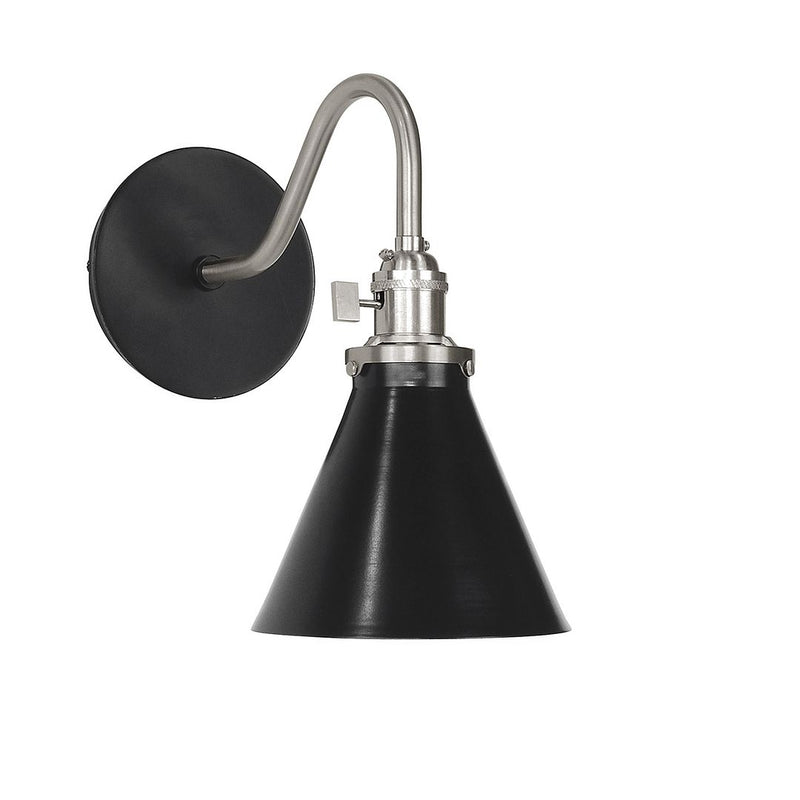 Black wall sconce with brushed nickel trim and dome shade, curved metal arm.