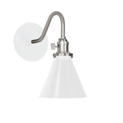 White Uno wall sconce with brushed nickel backplate and curved gooseneck arm