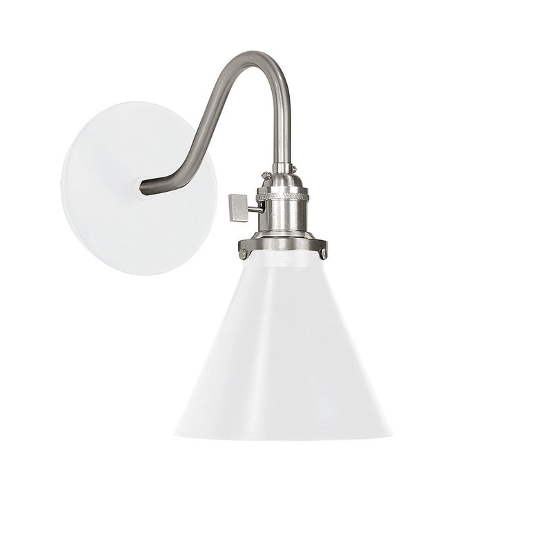 White Uno wall sconce with brushed nickel backplate and curved gooseneck arm