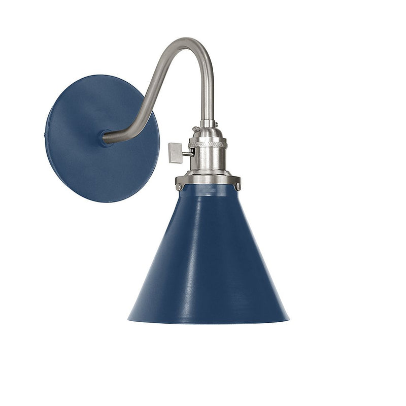 Navy wall sconce with brushed nickel base, curved arm, round backplate, and bell shade