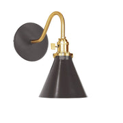 Wall sconce with dark cone shade and brushed brass arm, round backplate, 1-light