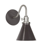 Wall sconce with dark bronze cone shade and brushed nickel backplate and socket