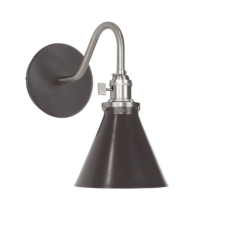 Wall sconce with dark bronze cone shade and brushed nickel backplate and socket