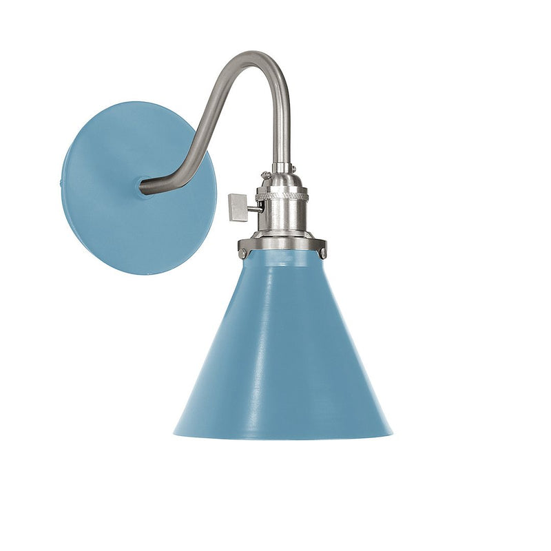 Light blue wall sconce shade with brushed nickel backplate and curved gooseneck arm