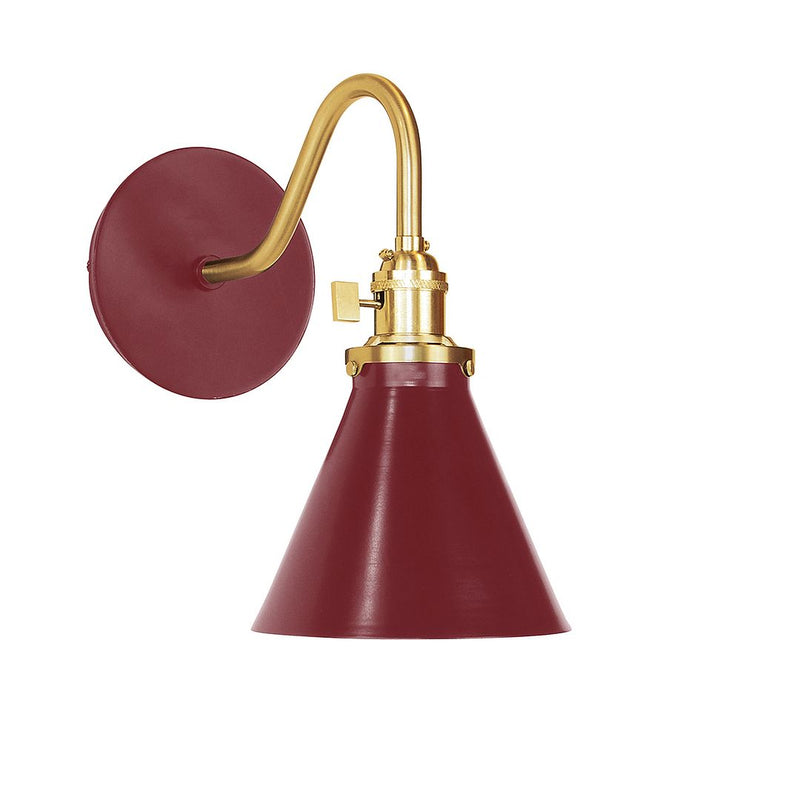 Barn red wall sconce with brushed brass gooseneck and round back plate